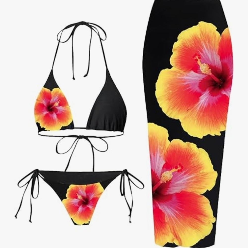 Floral String Bikini Set with Sheer Skirt Size Large